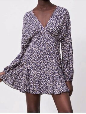 Zara Floral Print V-Neck Mini Dress Purple & Yellow